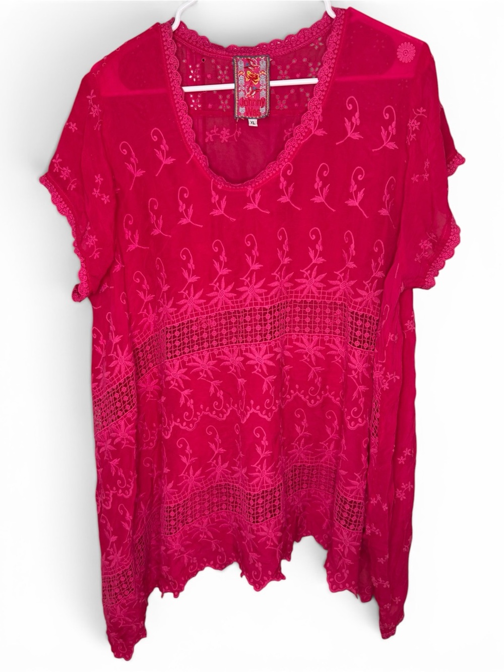 Johnny Was XL Embroidered Cupra Rayon Boho Tunic Top Pink Eyelet Asymmetrical